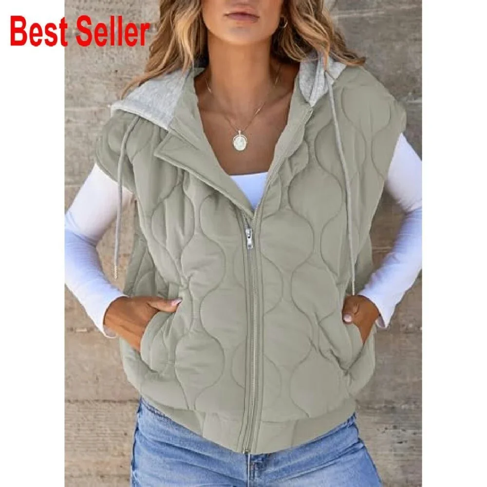 Cropped Hooded Puffer Vest Quilted Lightweight Sleeveless Jacket with Pockets